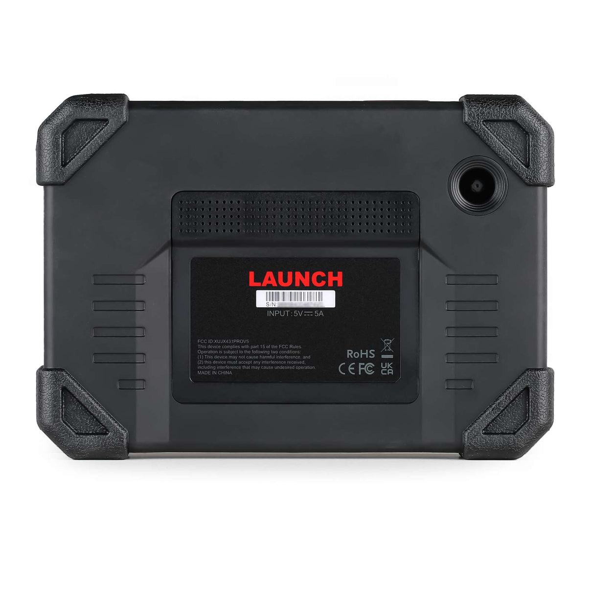 Rueckseite des LAUNCH X431 CRP919E BT mit Schutzecken, Kamera und Typenschild