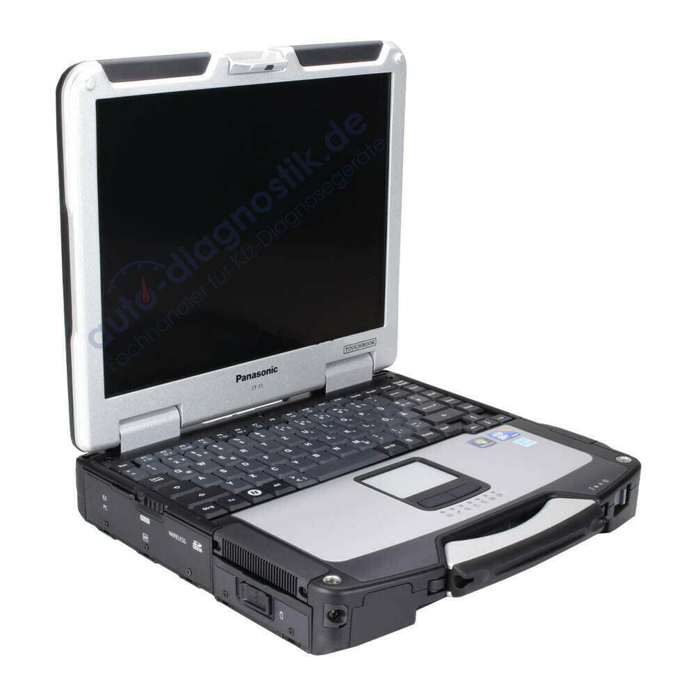 Panasonic Toughbook CF-31 aufgeklappt mit Tastatur und Tragegriff