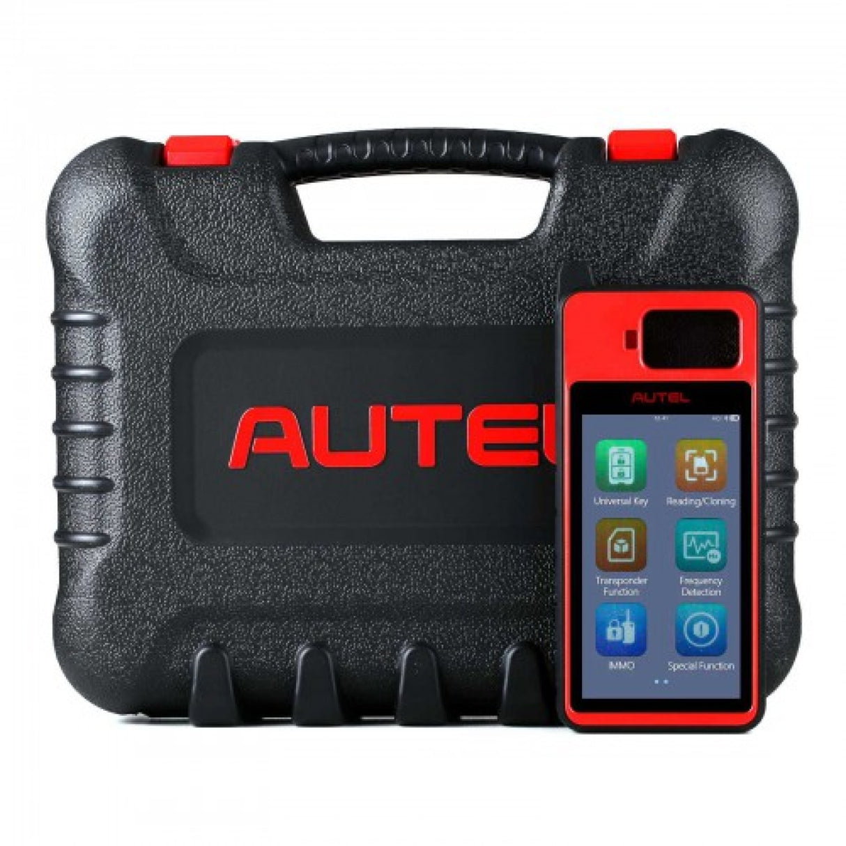 Autel MaxiIM KM100 mit Hauptmenü vor dem Transportkoffer