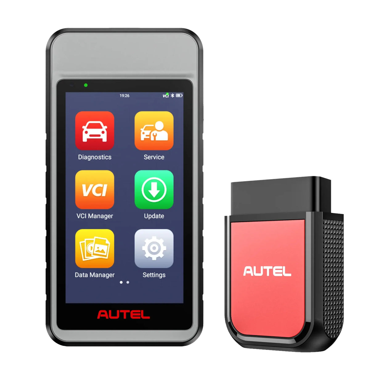 Autel MaxiDiag MD906 Pro Diagnosegerät mit Hauptmenü auf dem 5-Zoll-Display und MaxiVCI V150 Lite Bluetooth-Interface