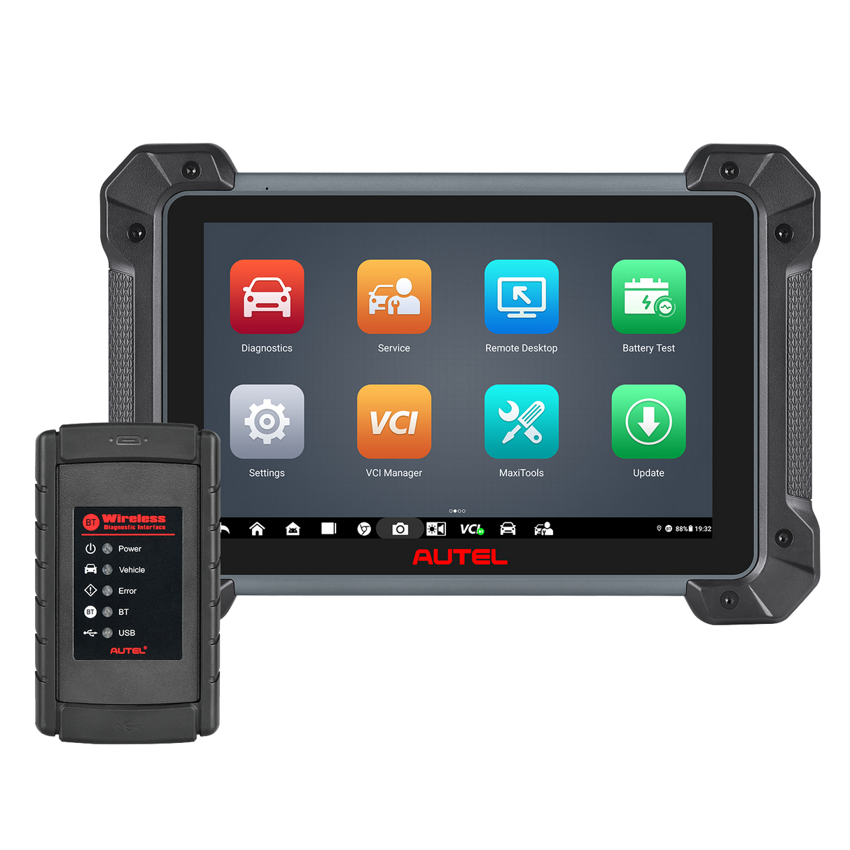 Autel MaxiCom MK908 II Diagnosetablet mit Hauptmenü und Bluetooth-Diagnoseinterface
