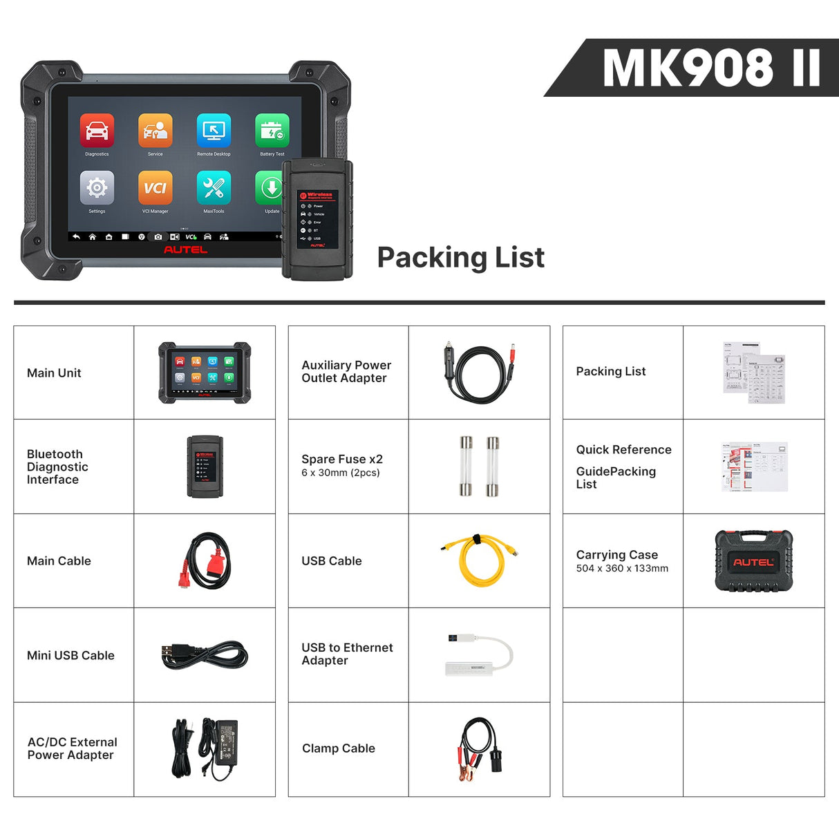 Autel MaxiCom MK908 II Lieferumfang-Übersicht mit Tablet, Bluetooth-VCI, Kabeln und Transportkoffer