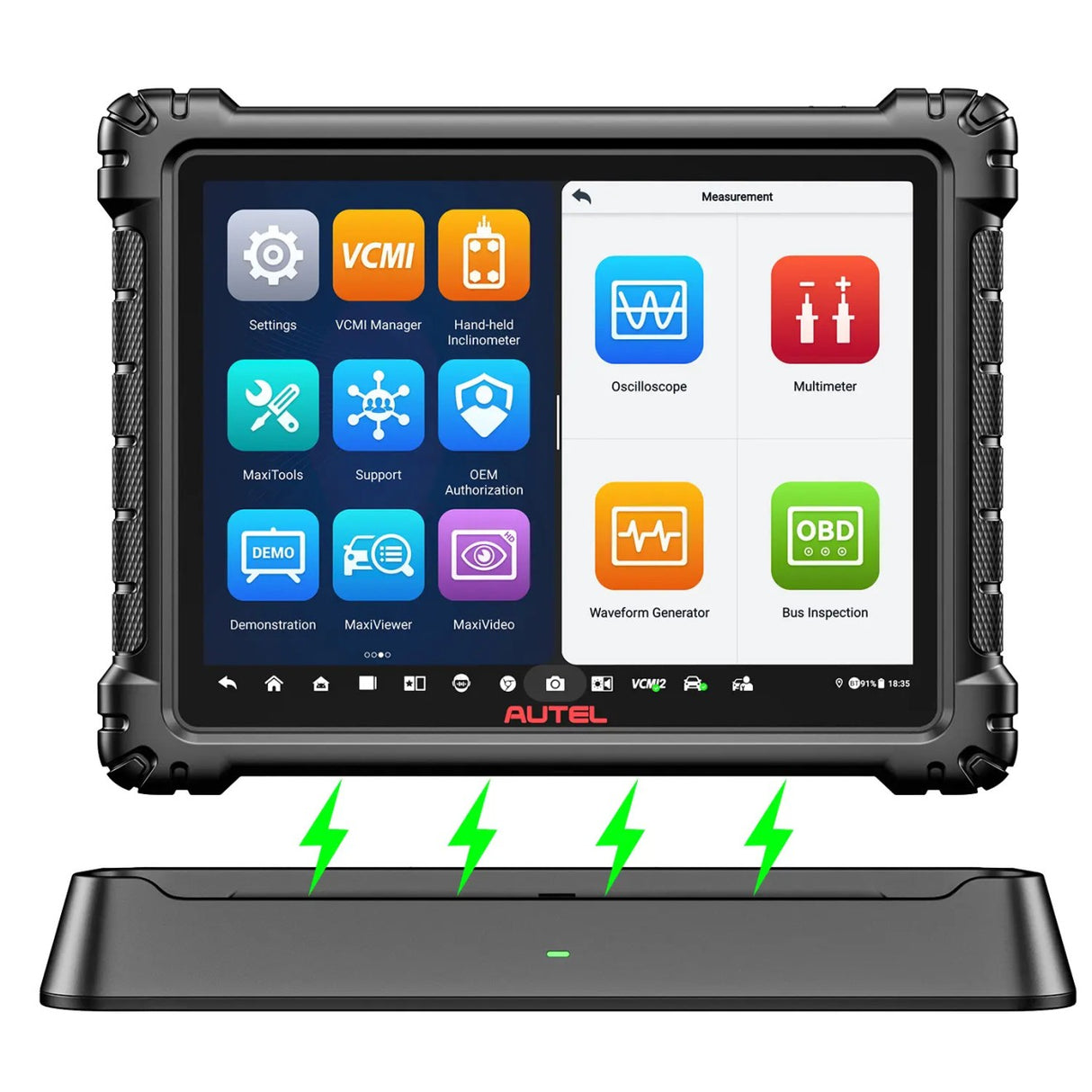 Autel MaxiSys Ultra S2 auf Dockingstation mit Oszilloskop, Multimeter und Wellenformgenerator