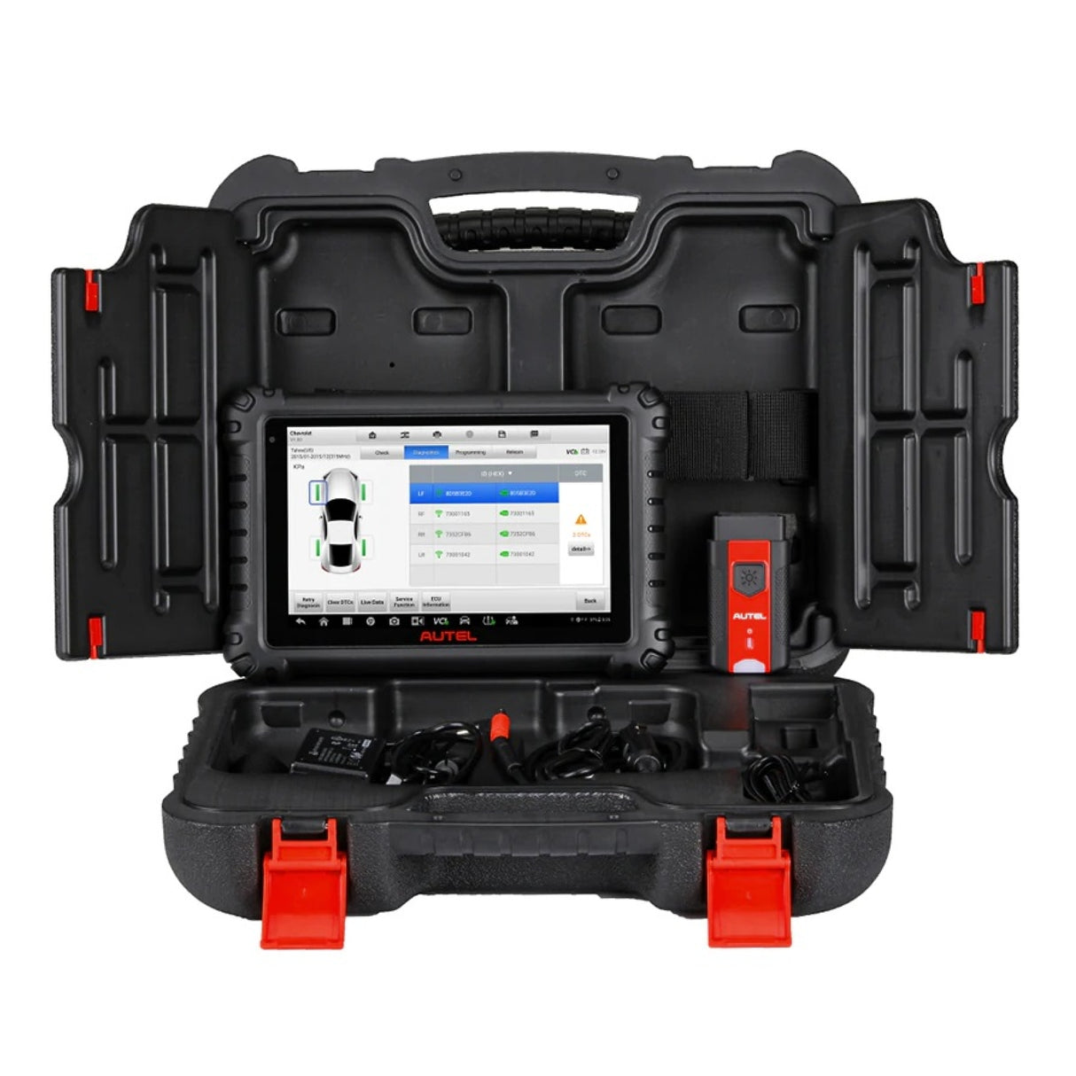 Autel MaxiSys MS906 Pro im geöffneten Transportkoffer mit MaxiVCI V200 und Zubehör