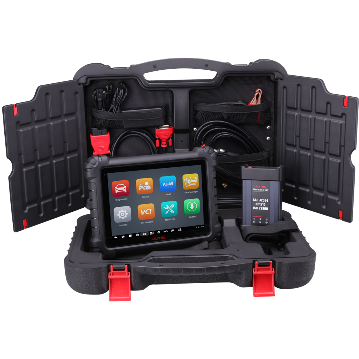 Autel MaxiSys MS909 Komplettset im geöffneten Koffer mit Kabeln und MaxiFlash VCI