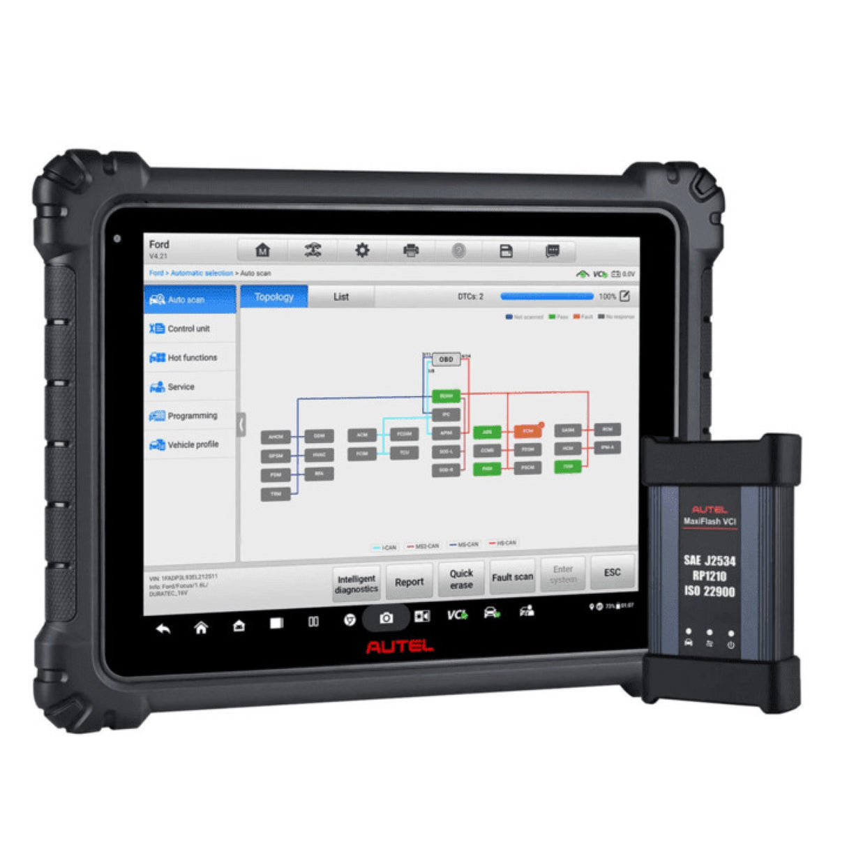 Autel MaxiCom MK Ultra Lite mit Steuergeräte-Topologie und MaxiFlash VCI Interface