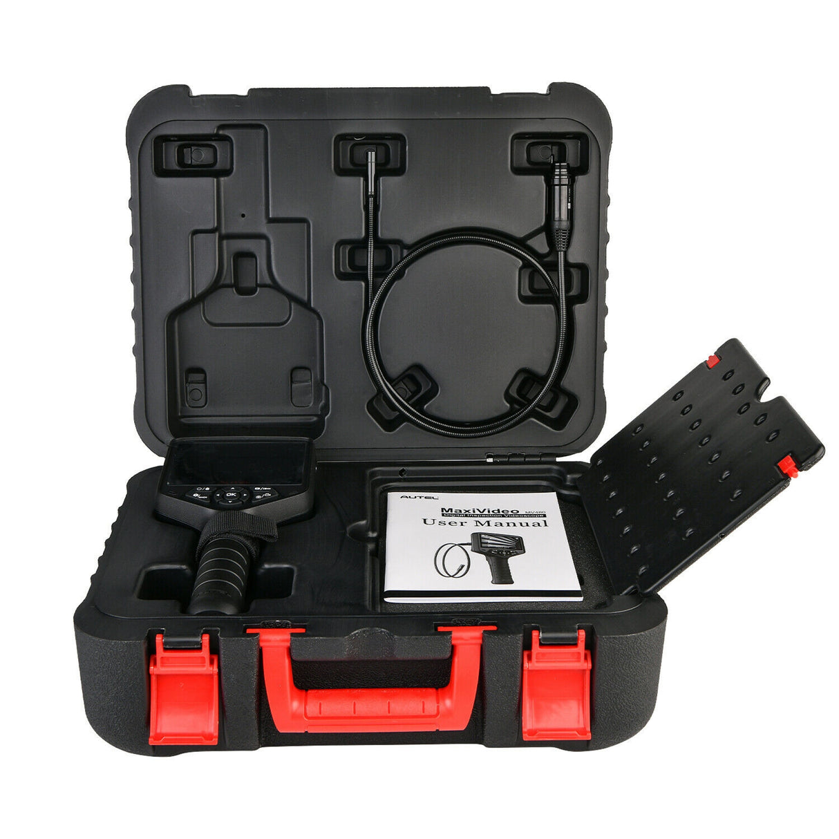 Autel MaxiVideo MV480 im geöffneten Aufbewahrungskoffer mit Sonde und Bedienungsanleitung