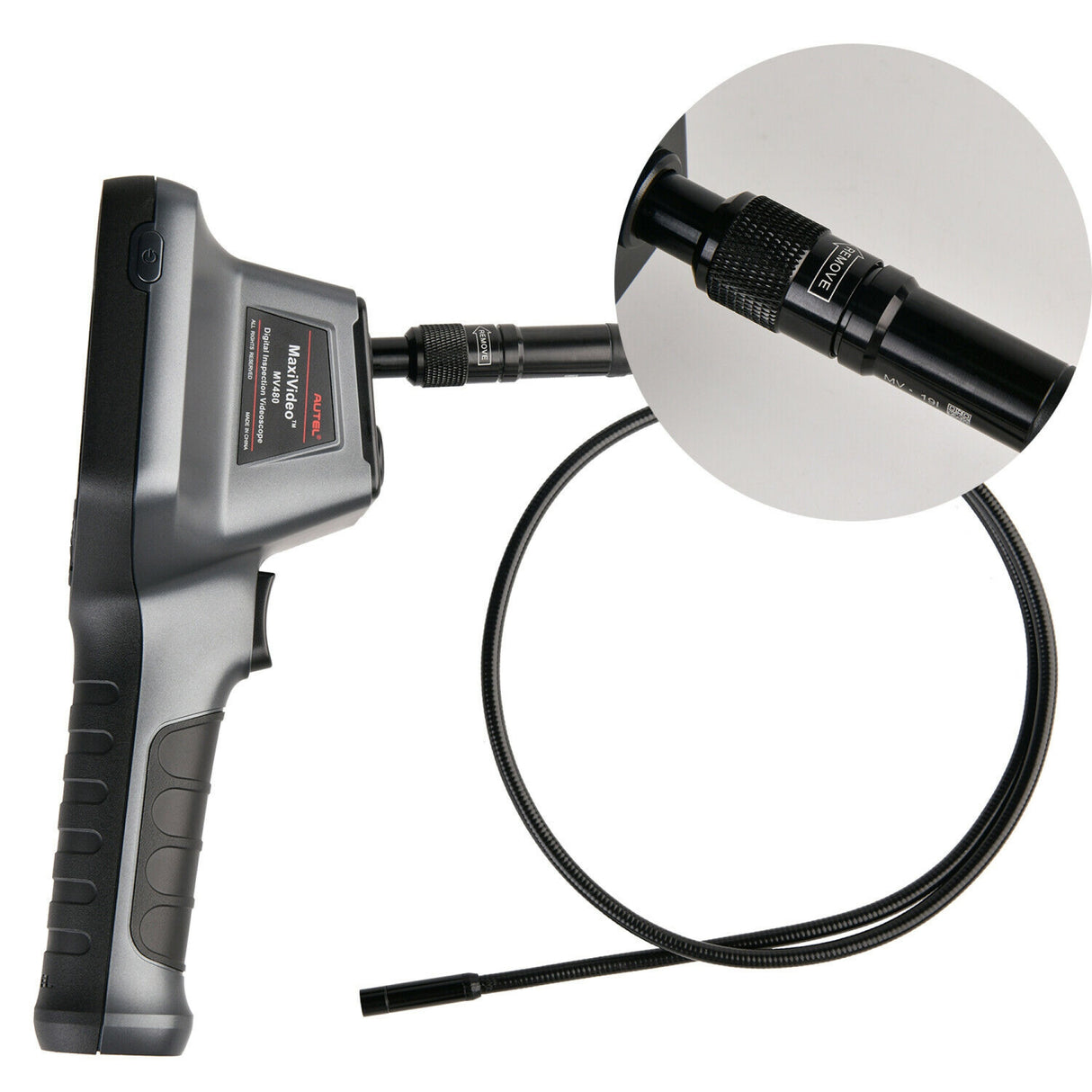 Autel MaxiVideo MV480 Seitenansicht mit Typenschild und abnehmbarem Aufnahmekopf