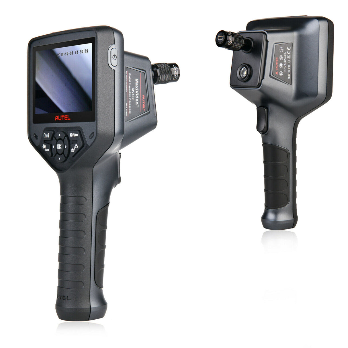 Autel MaxiVideo MV480 Video-Endoskop in Vorder- und Rückansicht mit Anschluss und Blitzlicht