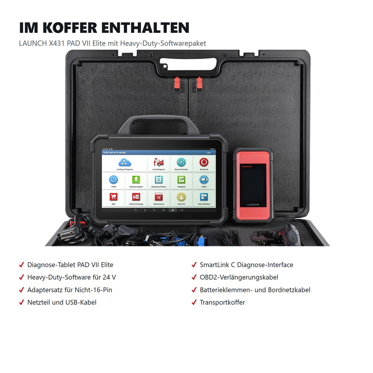 Lieferumfang des LAUNCH X431 PAD VII Elite im Transportkoffer mit Tablet, SmartLink C, Adaptersatz und Kabeln