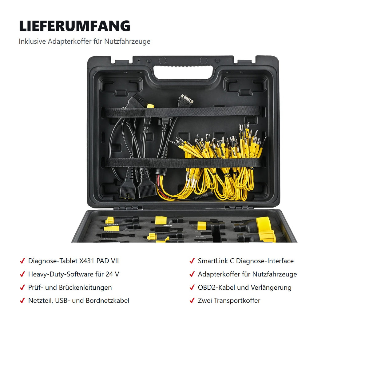 Lieferumfang des LAUNCH X431 PAD VII mit Adapterkoffer fuer Nutzfahrzeuge, SmartLink C, Kabeln und zwei Transportkoffern