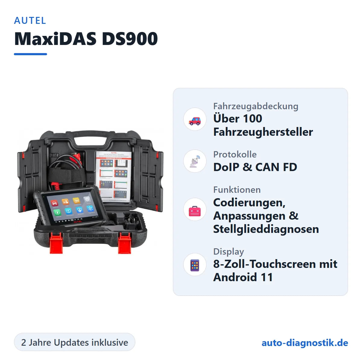 Autel MaxiDAS DS900 Diagnosetablet mit Übersicht der wichtigsten Funktionen