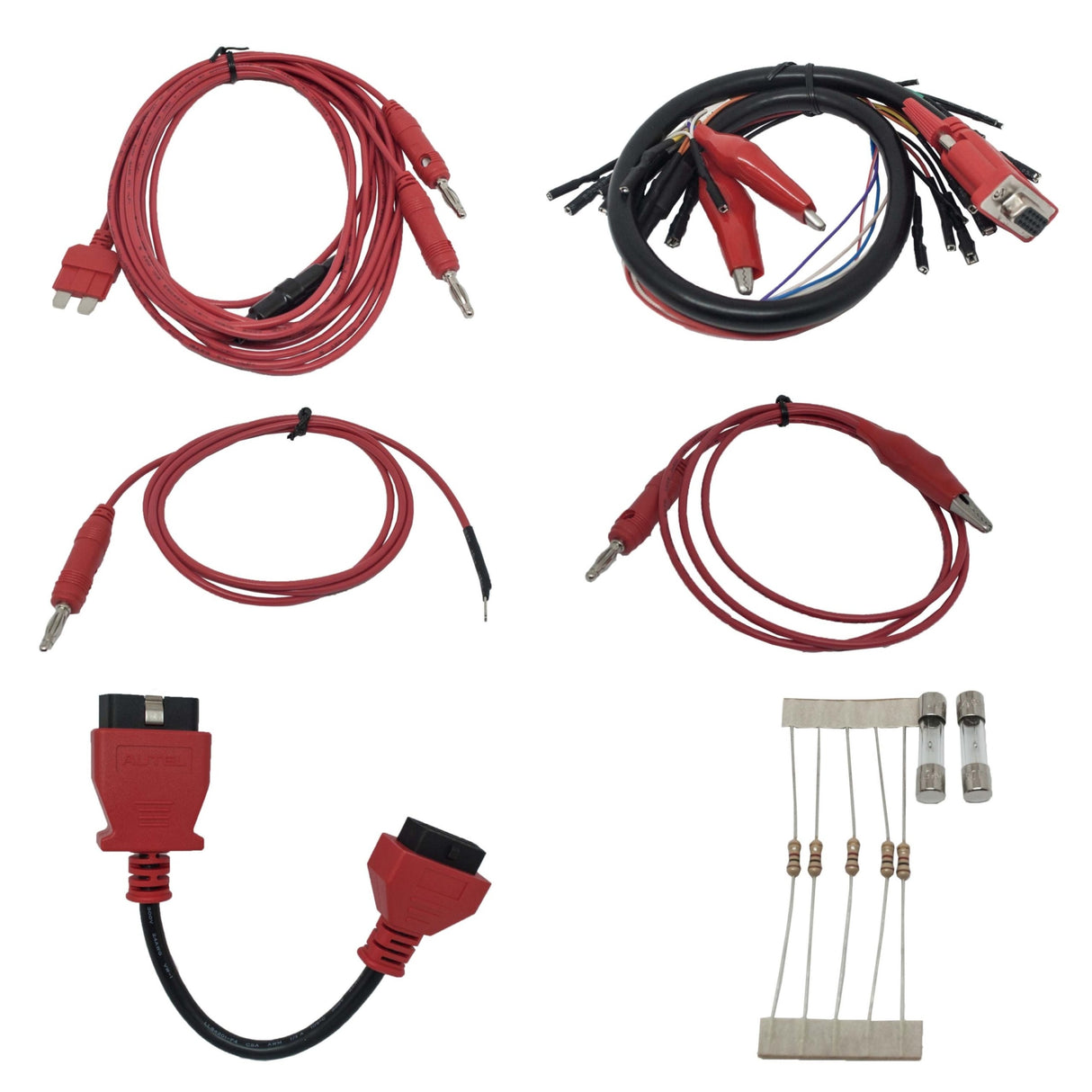 Kabelzubehör der Autel G-Box 3: rote Messleitungen mit Bananensteckern, D-Sub-Kabel mit Krokodilklemmen, OBD2-Verlängerung sowie Sicherungen und Widerstände