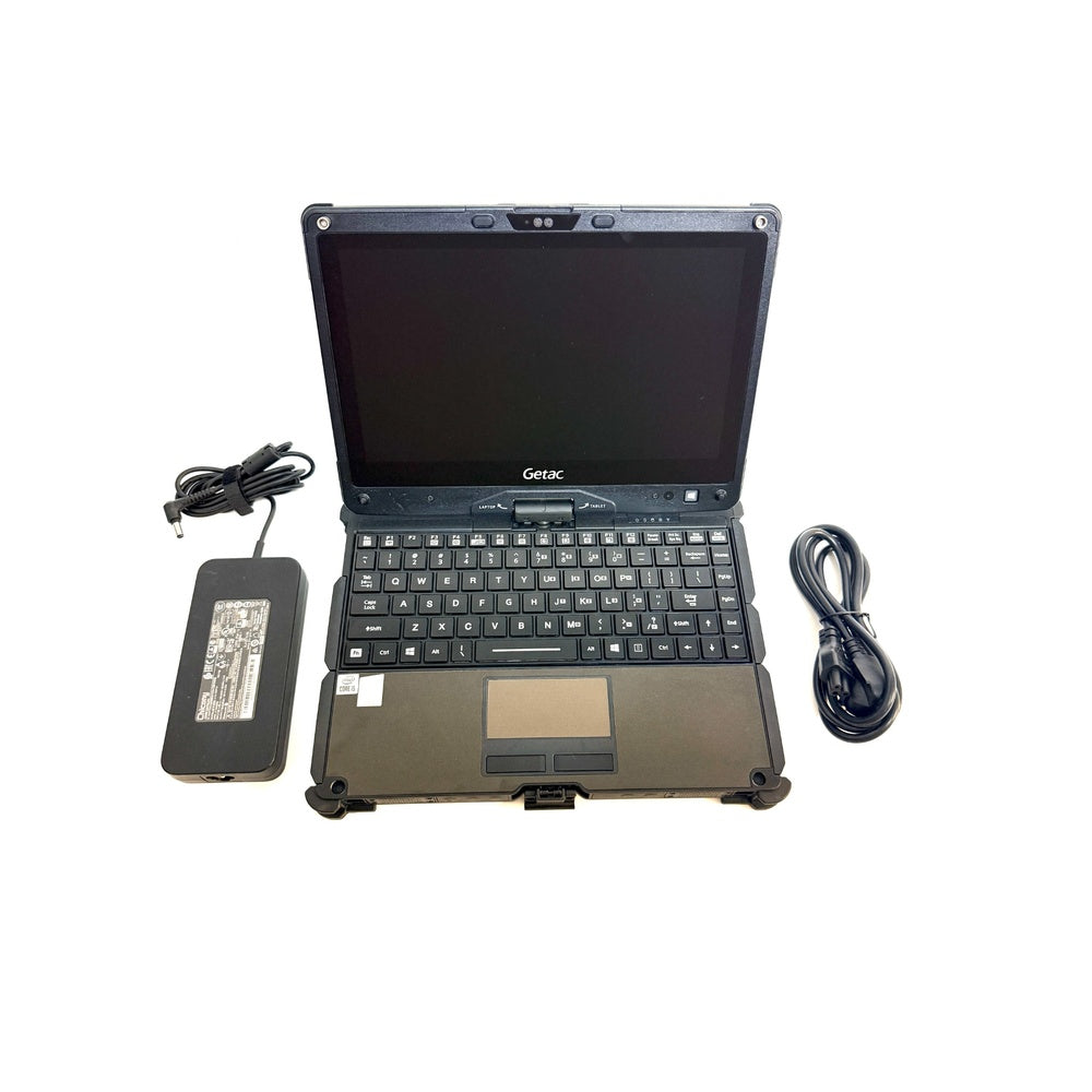Getac V110 G6 Rugged Convertible geöffnet mit Netzteil und Zubehör