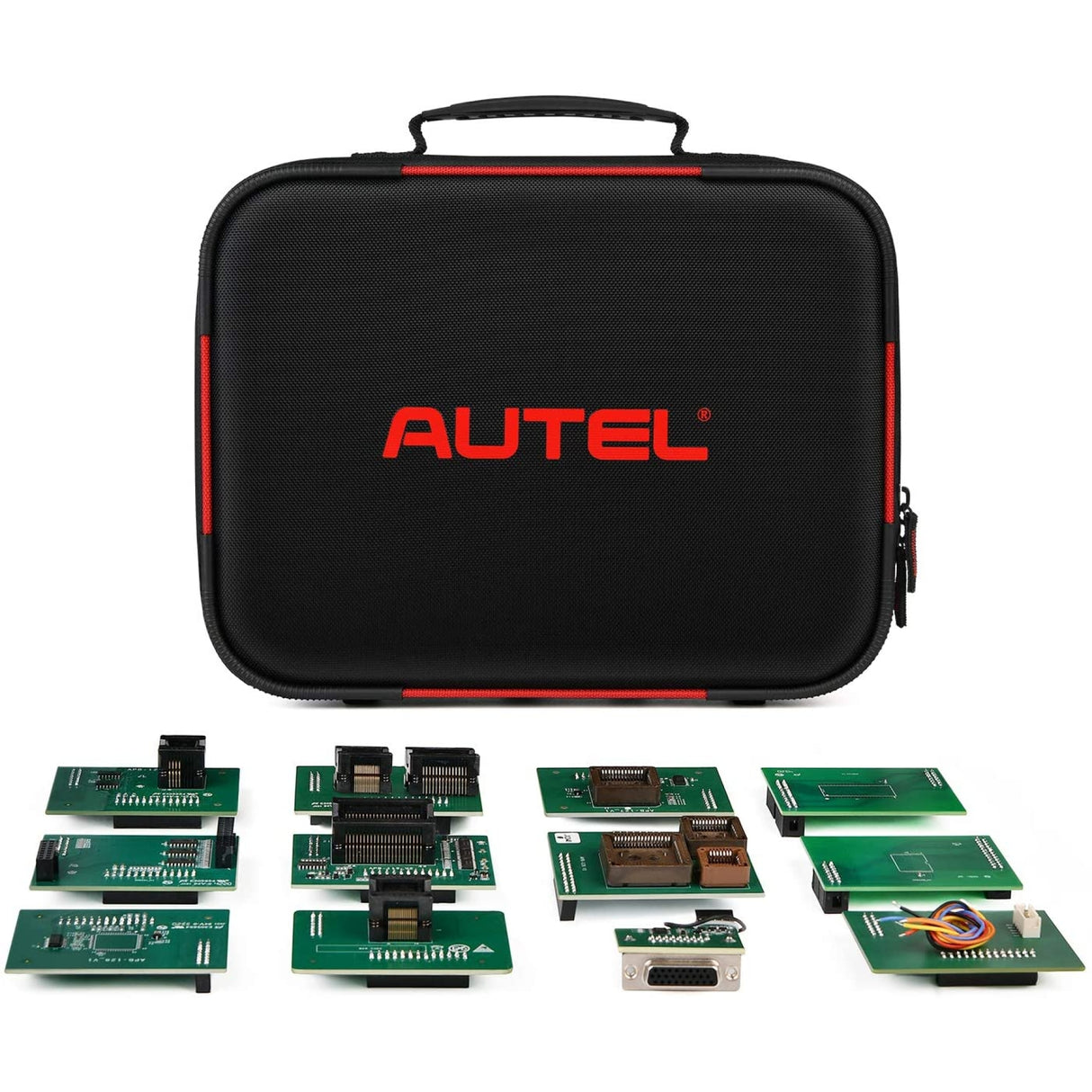 Autel MaxiIM IMKPA Transporttasche mit Autel-Logo und den zwölf Adapterplatinen davor ausgelegt