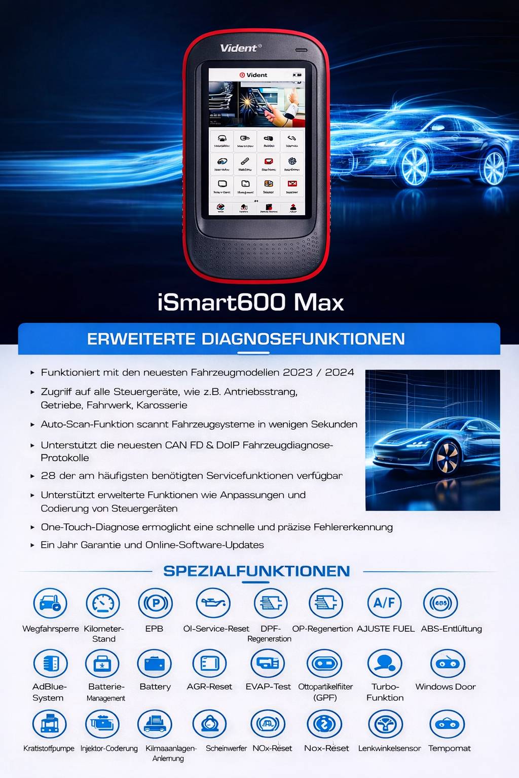 Vident iSmart600 Max KFZ Diagnosegerät mit 5 Zoll Touchscreen