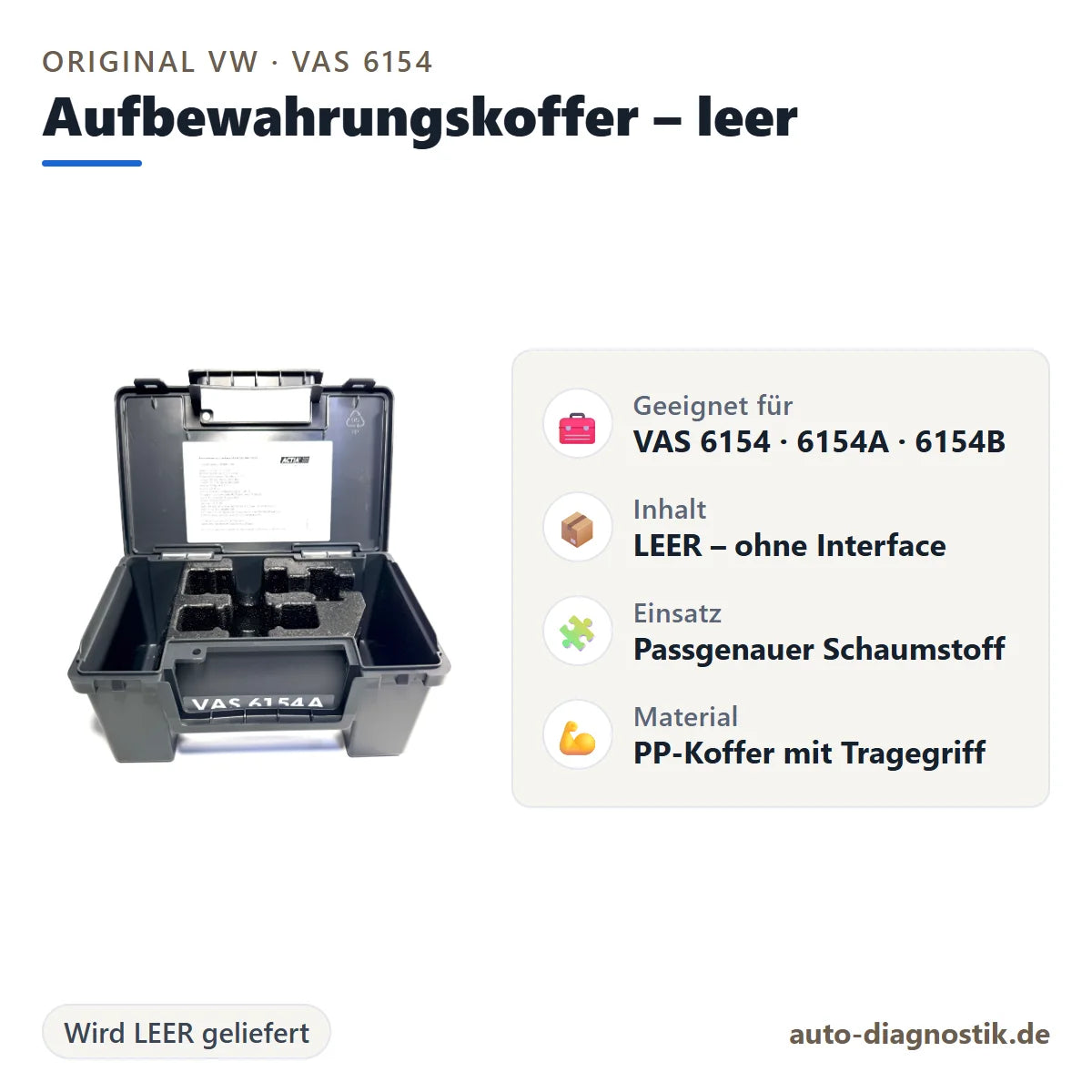 Leerer VAS 6154 Aufbewahrungskoffer mit Übersicht der wichtigsten Eigenschaften