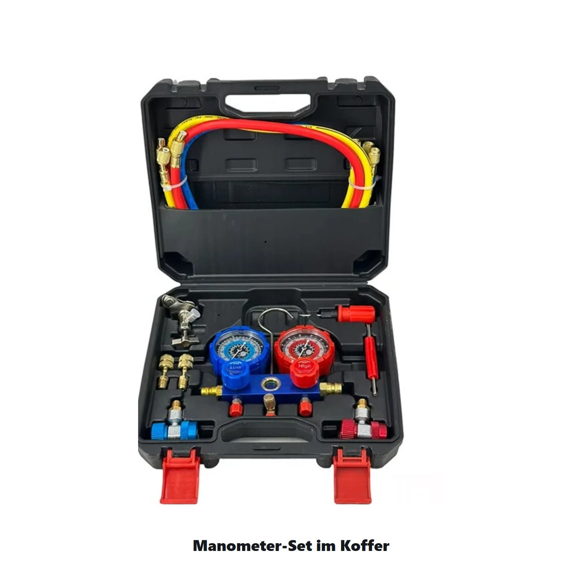 Klimaanlagen-Manometer-Set im geoeffneten Koffer mit Manometern, Schlaeuchen und Schnellkupplungen