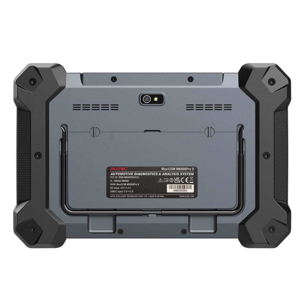 Autel MaxiCom MK908 Pro II Rückseite mit Standfuß, Kamera und Anschlussleiste