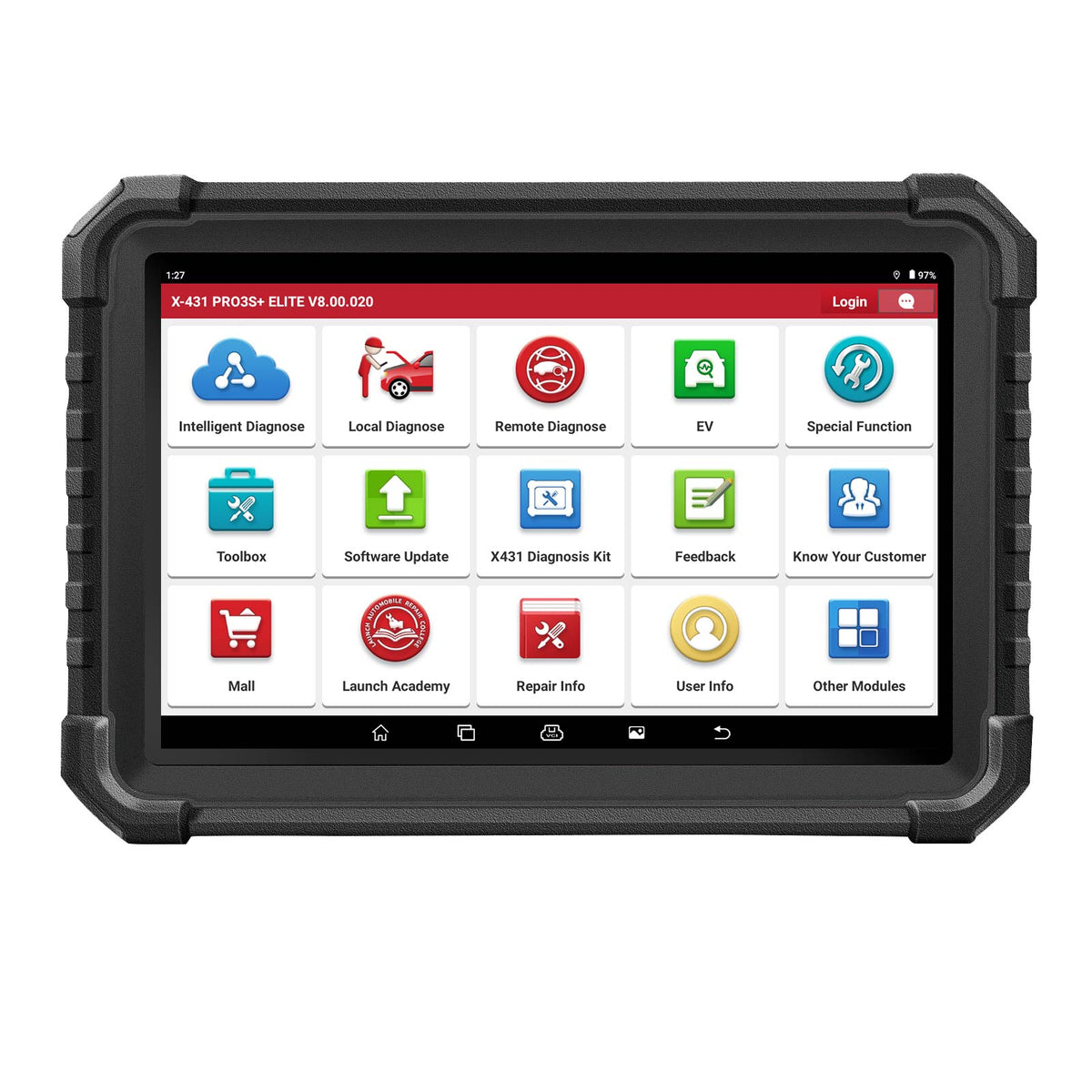 LAUNCH X431 PRO3S+ Elite Tablet von vorne mit geoeffnetem Hauptmenue
