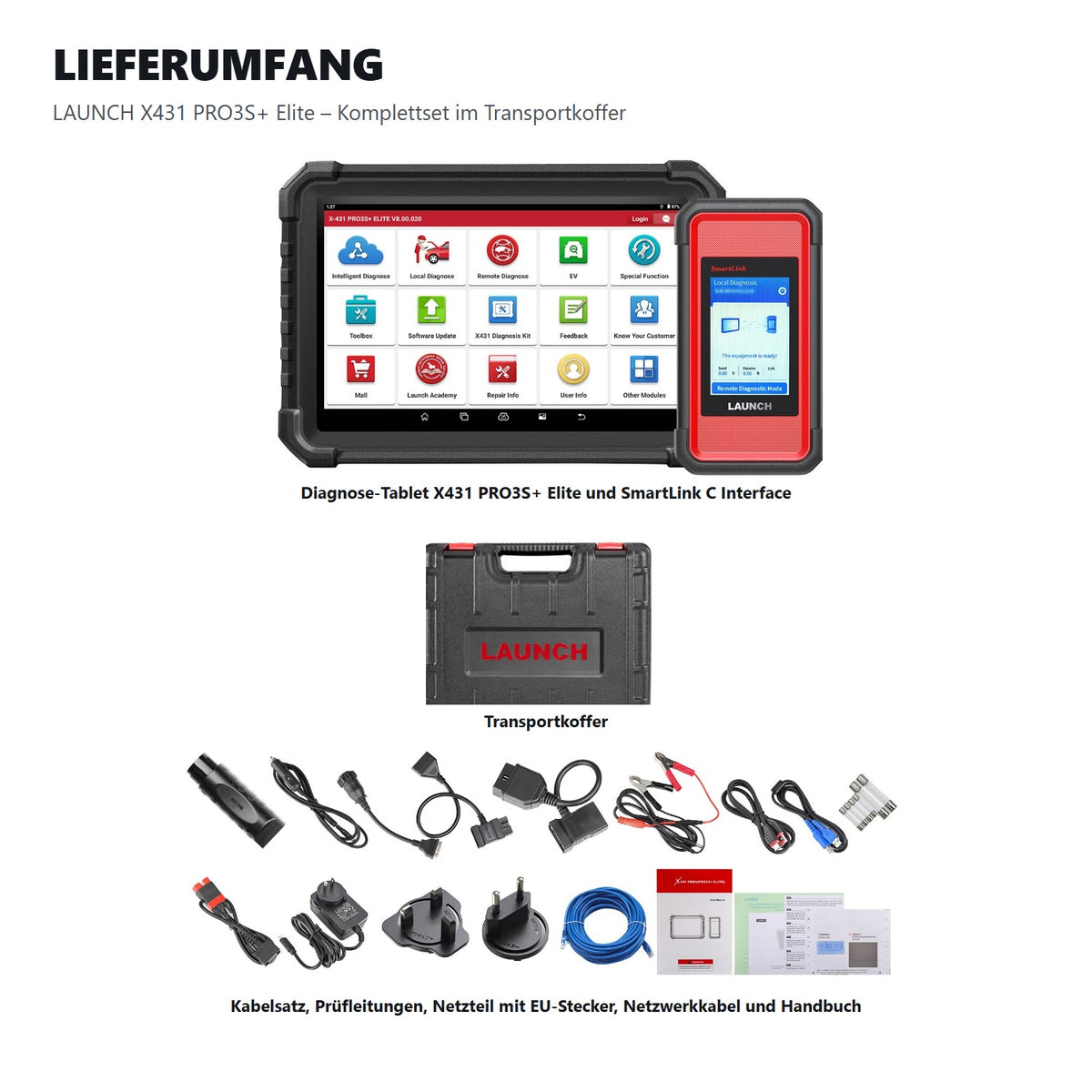 Lieferumfang des LAUNCH X431 PRO3S+ Elite mit Tablet, SmartLink C, Transportkoffer und Kabelsatz