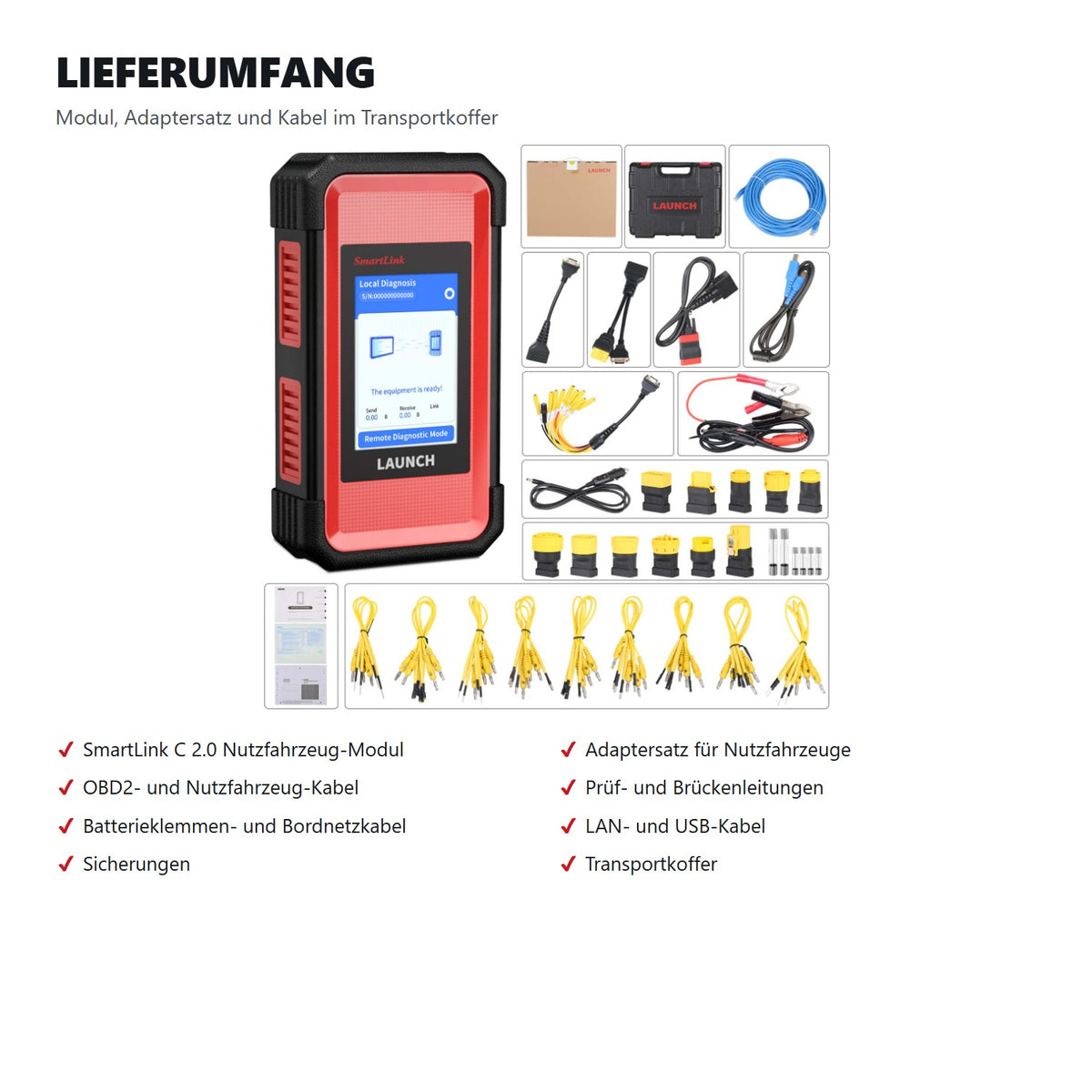 Lieferumfang des SmartLink C 2.0 mit Adaptersatz, Pruefleitungen, LAN-Kabel und Transportkoffer