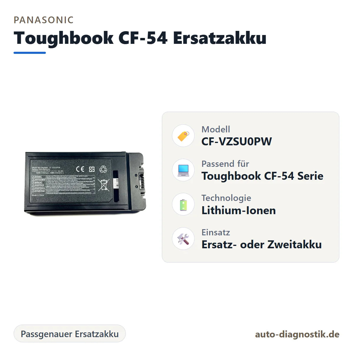 Panasonic Toughbook CF-54 Ersatzakku mit Übersicht der wichtigsten Eigenschaften