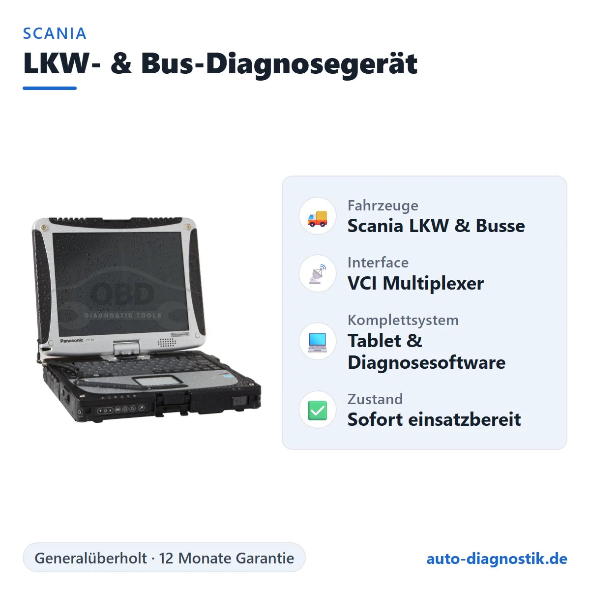 Scania LKW- & Bus-Diagnosegerät mit Übersicht der wichtigsten Funktionen