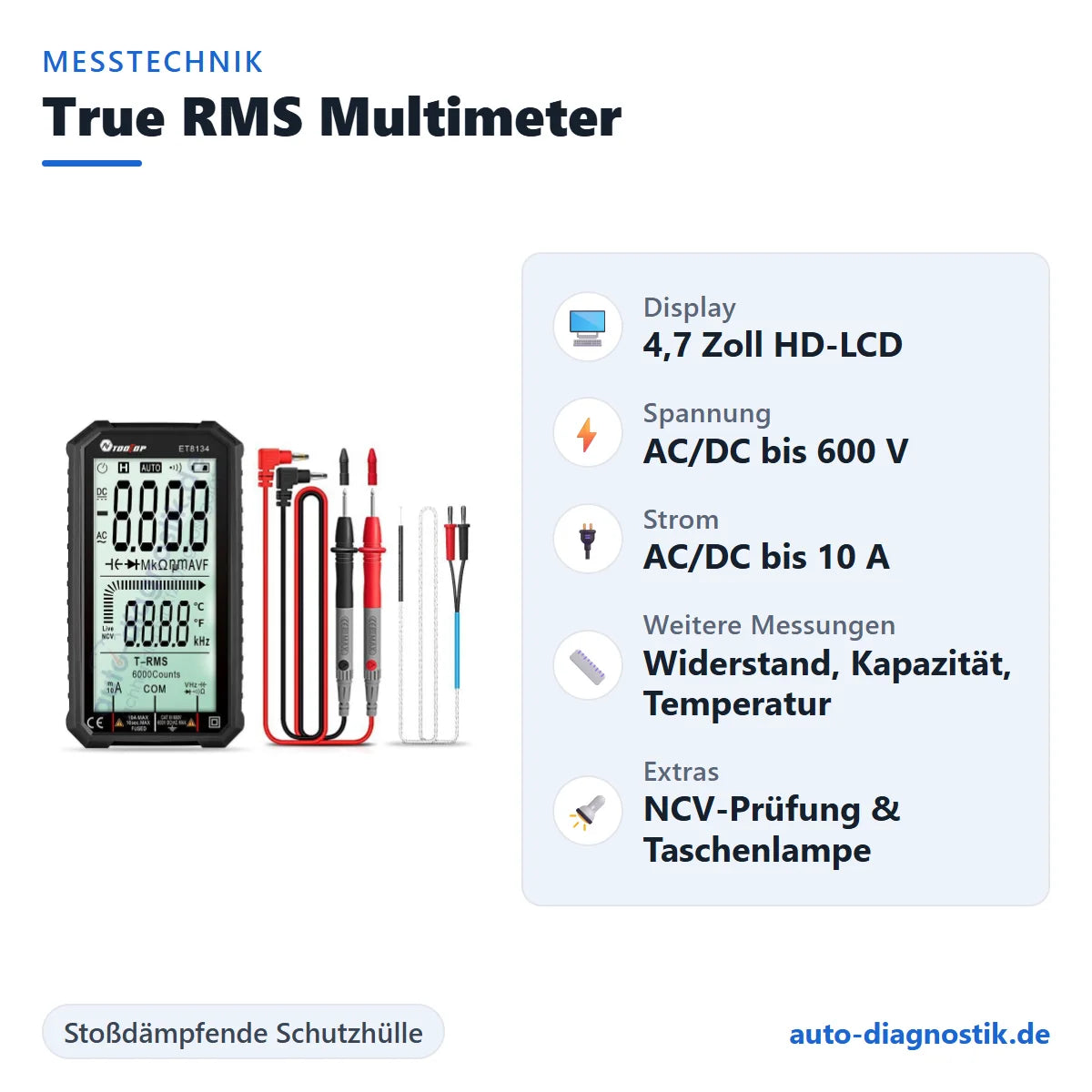 Digitales True RMS Multimeter mit Übersicht der wichtigsten technischen Daten