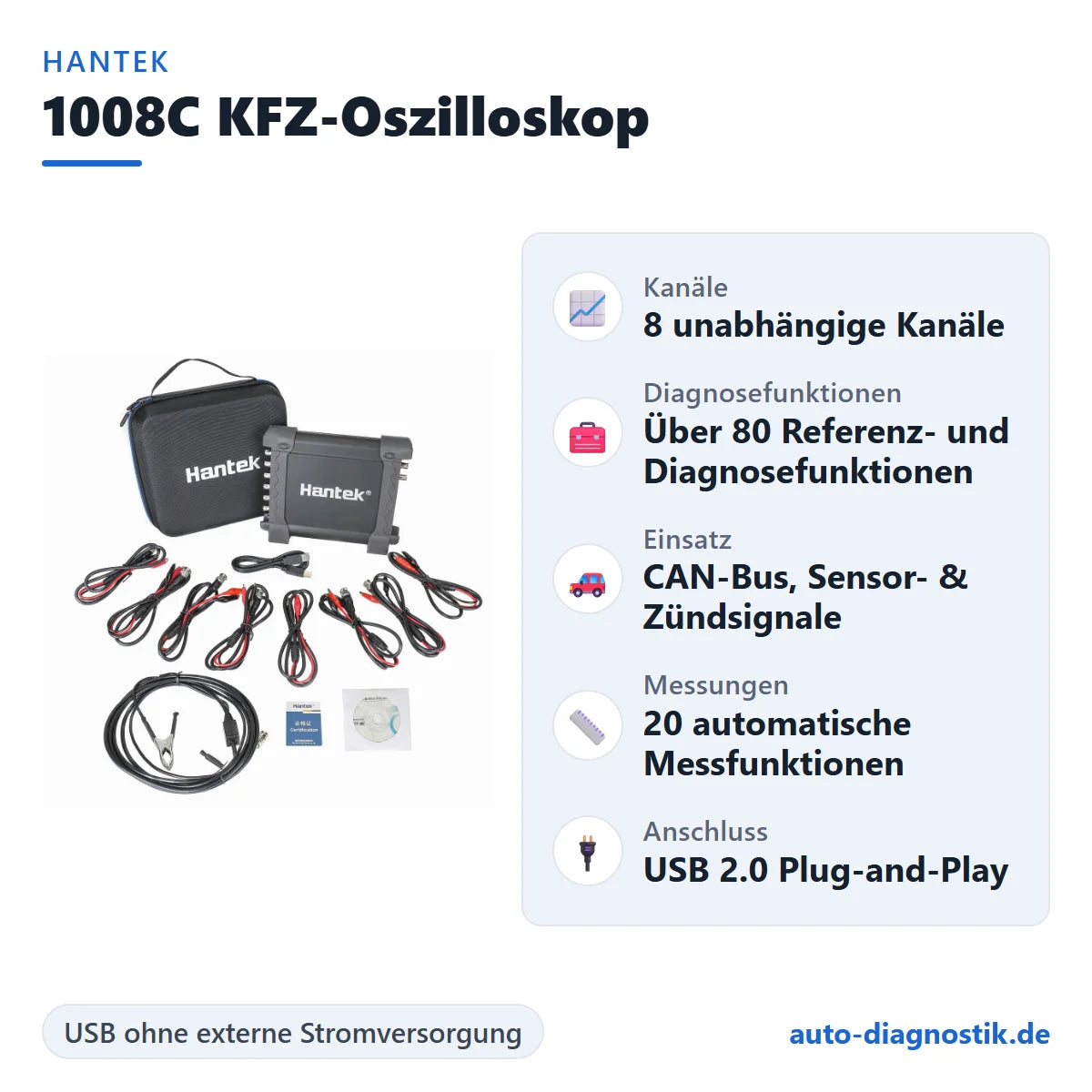 Hantek 1008C KFZ-Oszilloskop mit Übersicht der wichtigsten technischen Daten