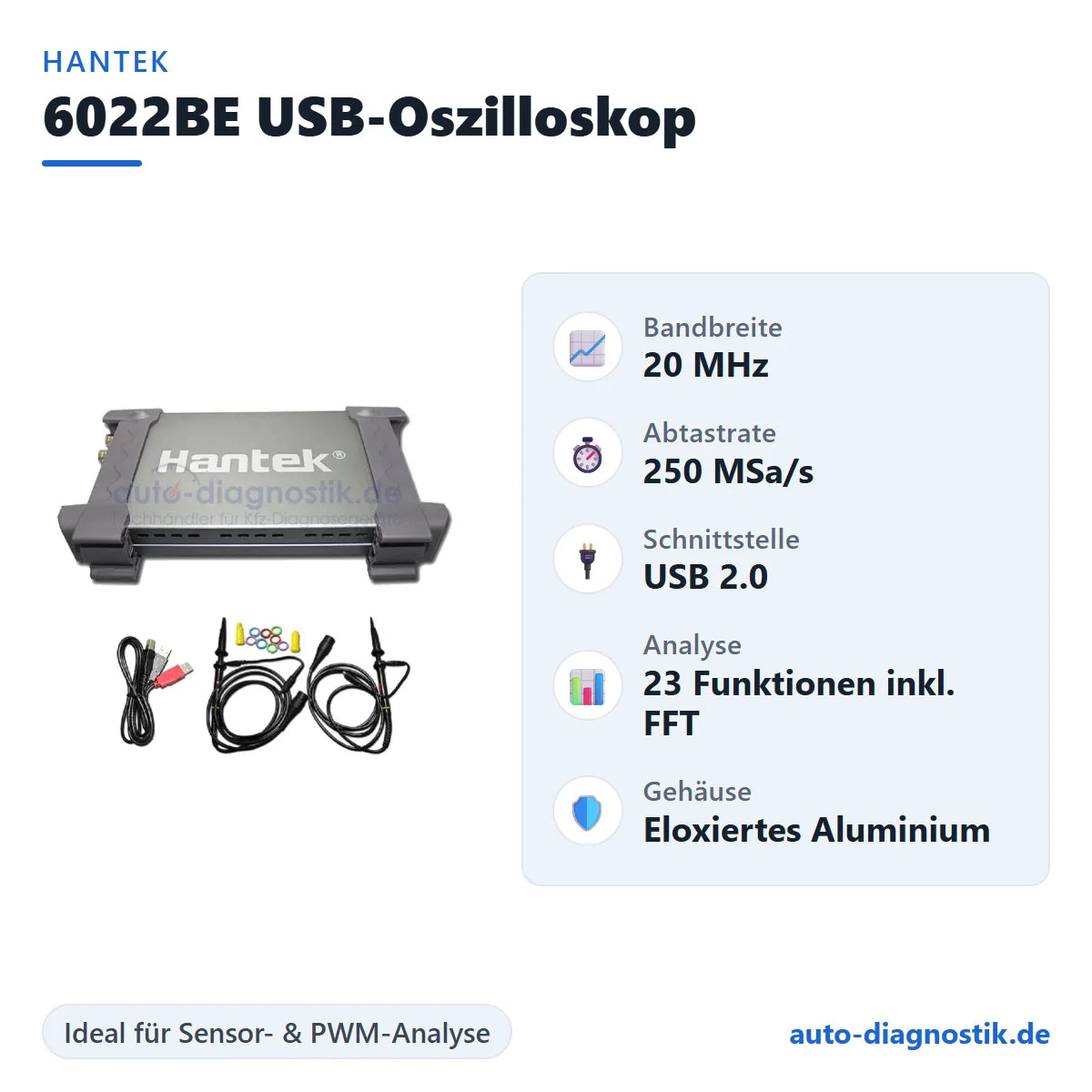 Hantek 6022BE USB-Oszilloskop mit Übersicht der wichtigsten technischen Daten