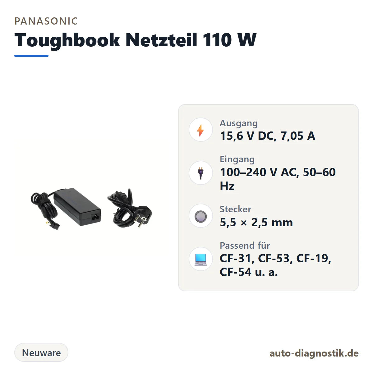 Panasonic Toughbook Netzteil 15,6 V 110 W mit Übersicht der wichtigsten Anschlüsse