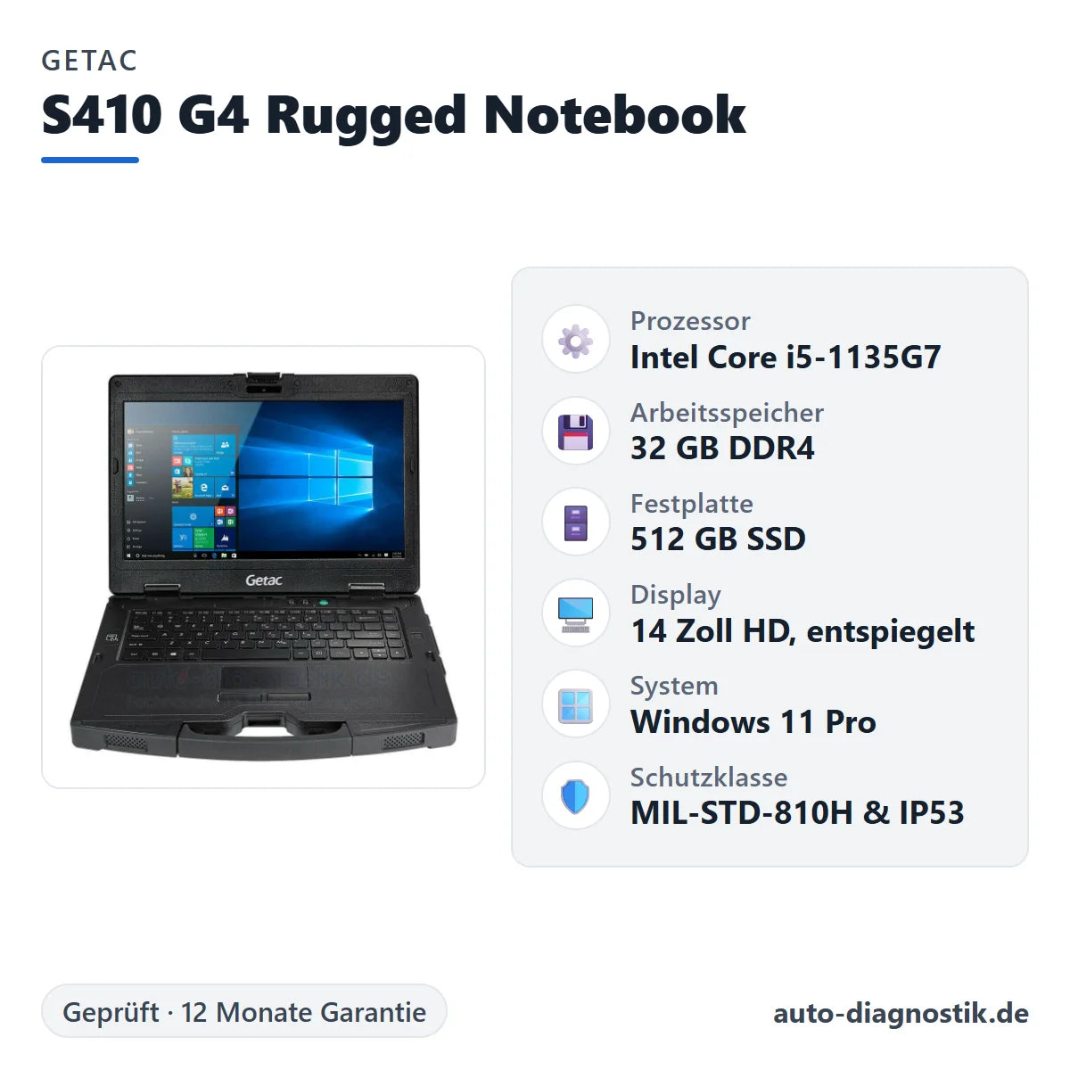 Getac S410 G4 Rugged Notebook mit Übersicht der wichtigsten technischen Daten