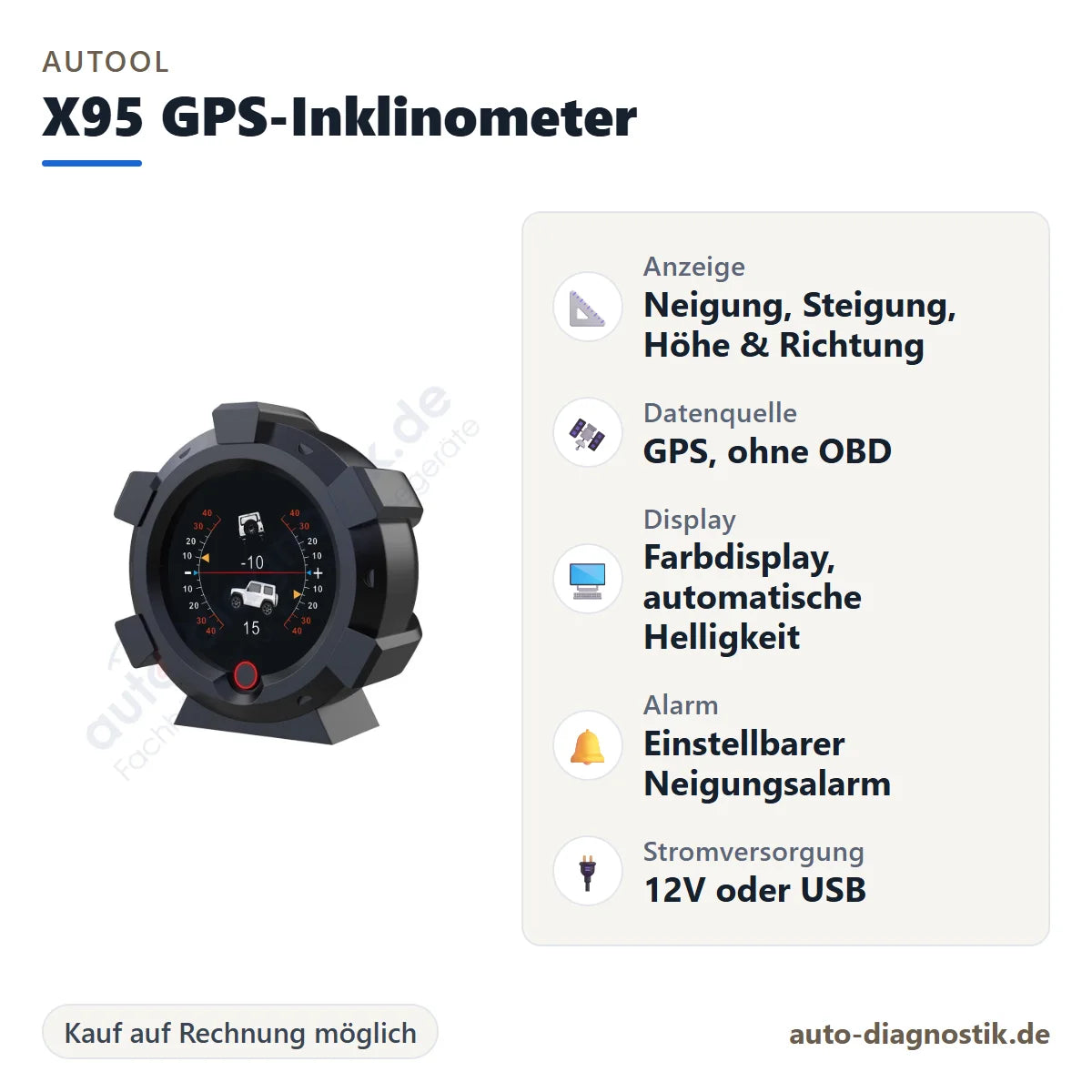 AUTOOL X95 GPS-Inklinometer mit Übersicht der wichtigsten Funktionen