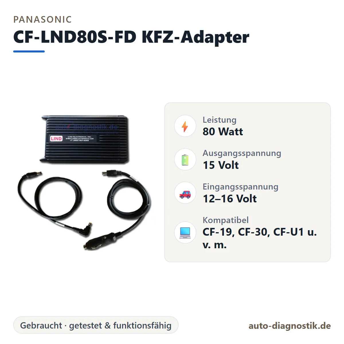 Panasonic CF-LND80S-FD KFZ-Adapter für Toughbook mit Übersicht der wichtigsten Eigenschaften
