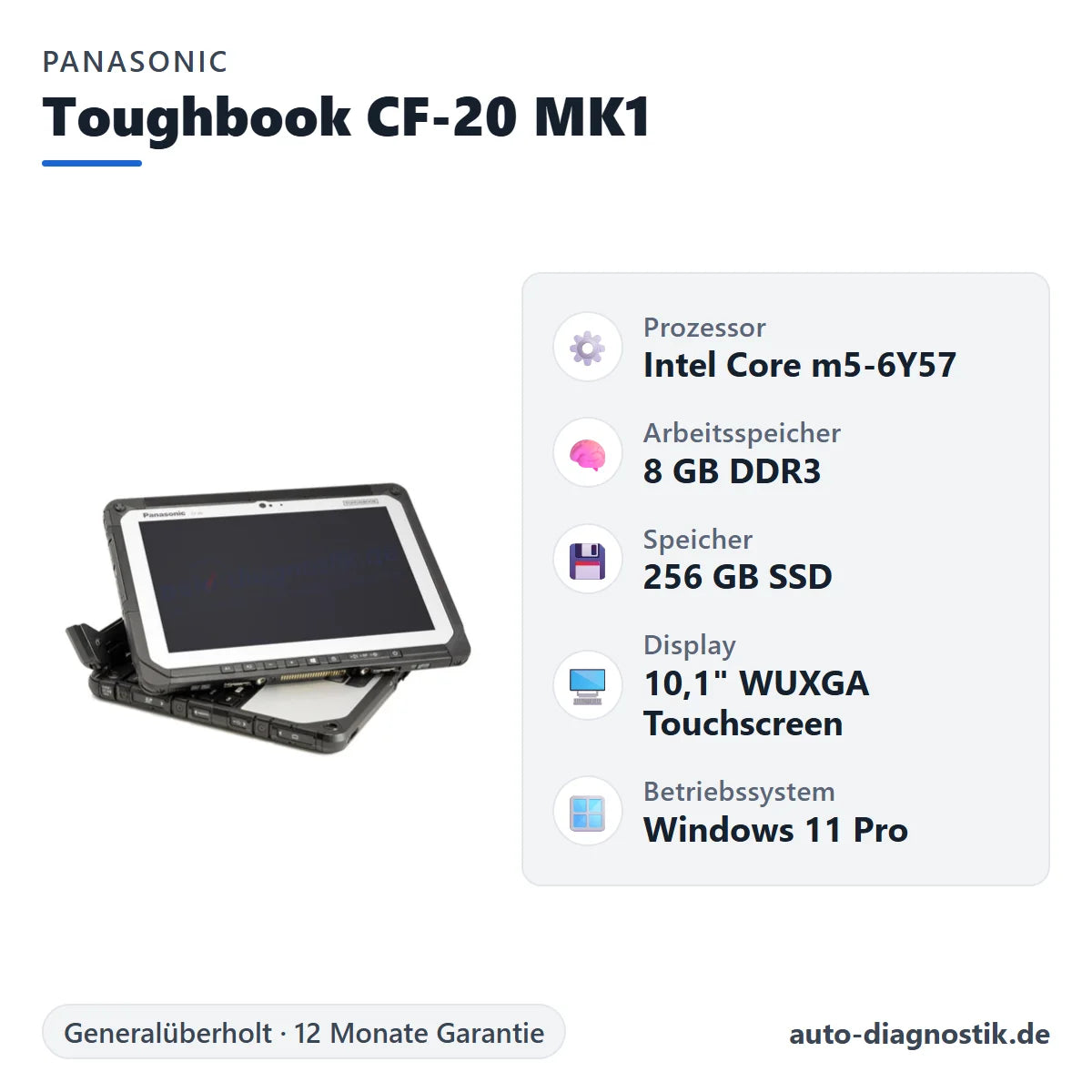 Panasonic Toughbook CF-20 MK1 mit Übersicht der wichtigsten technischen Daten
