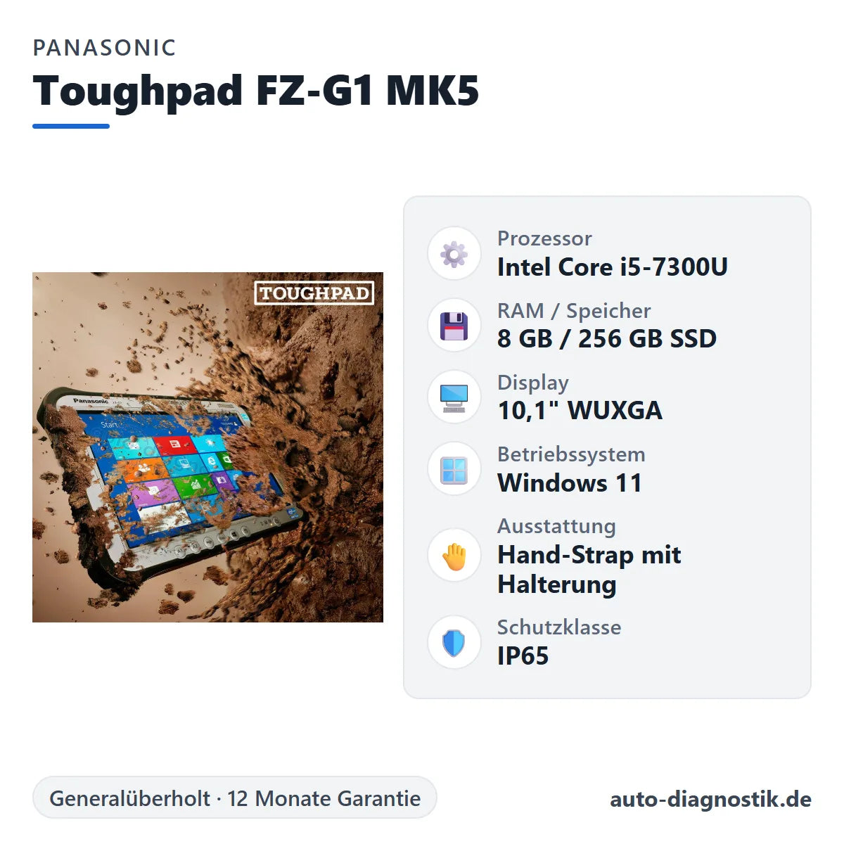 Panasonic Toughpad FZ-G1 MK5 mit Übersicht der wichtigsten technischen Daten