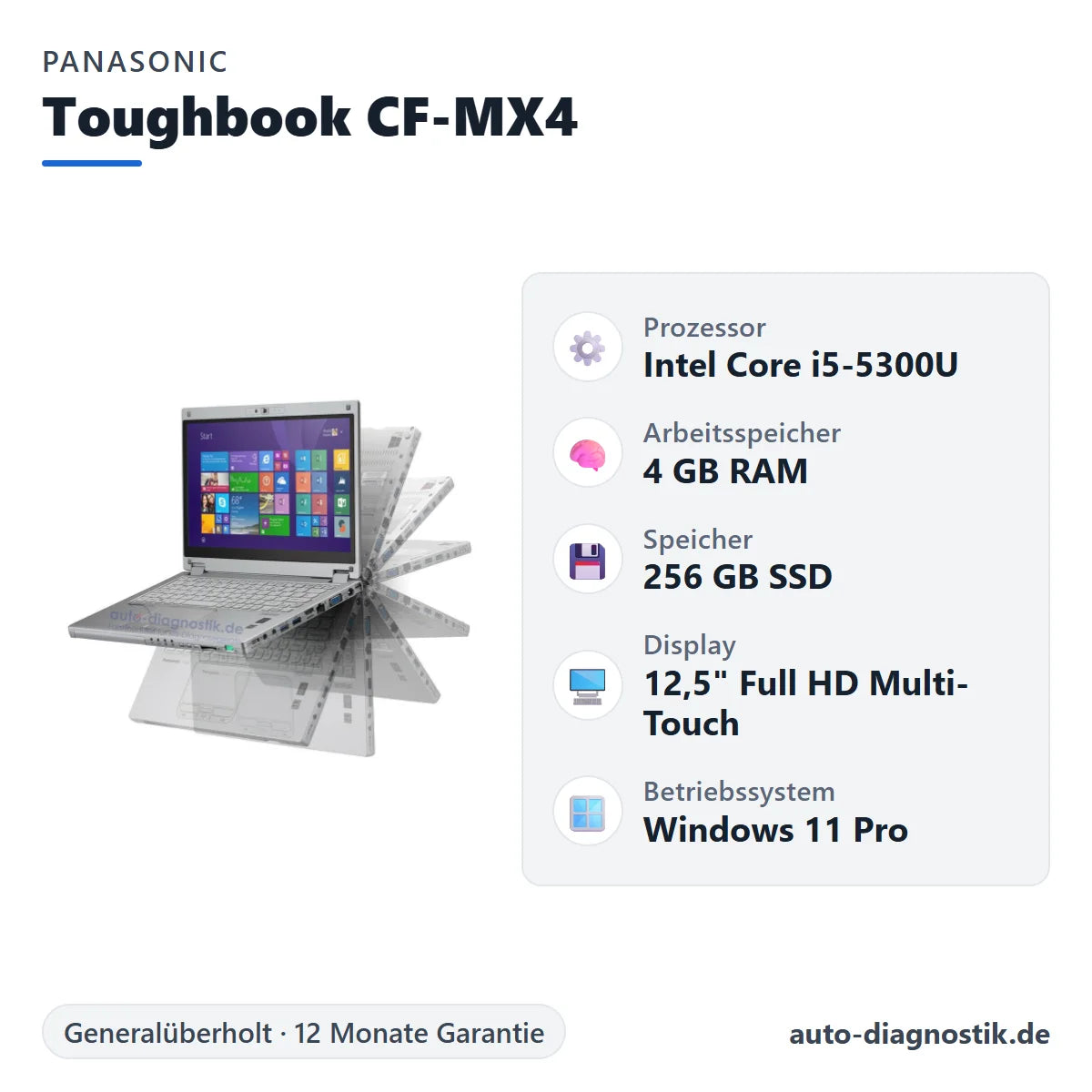 Panasonic Toughbook CF-MX4 mit Übersicht der wichtigsten technischen Daten
