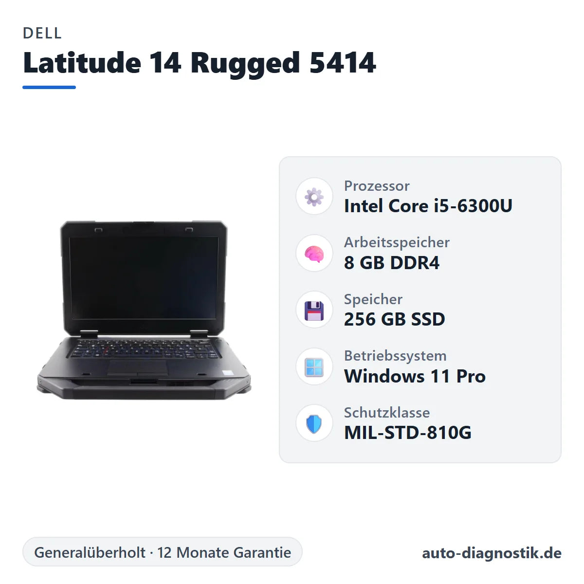 Dell Latitude 14 Rugged 5414 mit Übersicht der wichtigsten technischen Daten