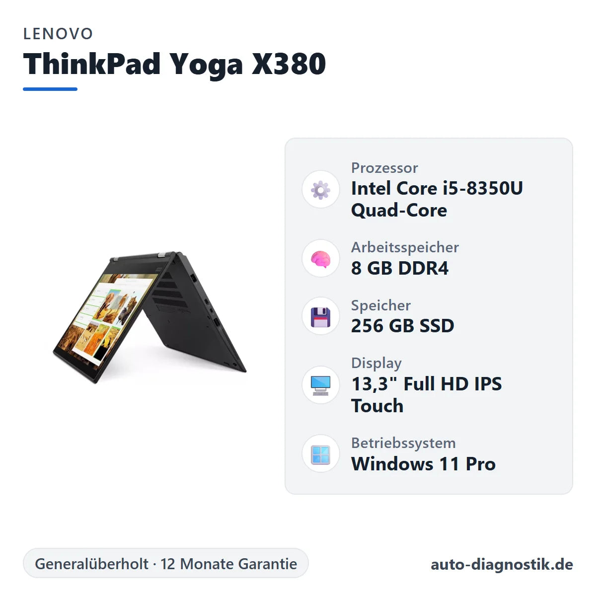 Lenovo ThinkPad Yoga X380 mit Übersicht der wichtigsten technischen Daten