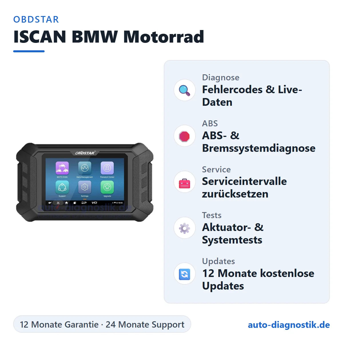 OBDSTAR ISCAN BMW Motorrad Diagnosegerät mit Übersicht der wichtigsten Funktionen