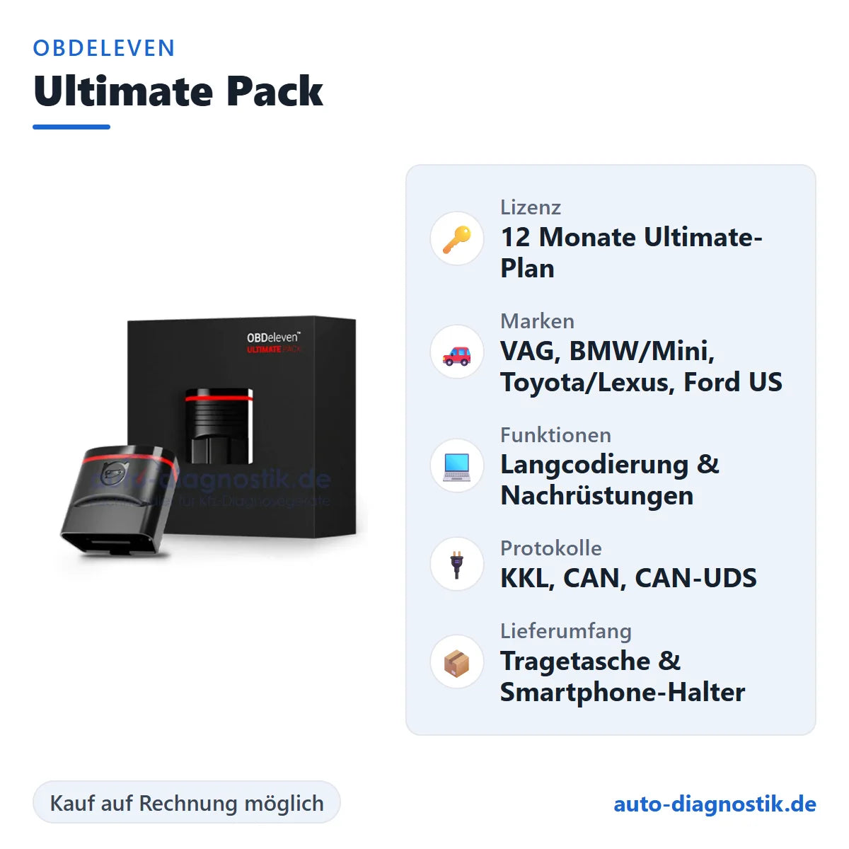 OBDeleven Ultimate Pack Diagnosegerät mit Übersicht der wichtigsten Funktionen