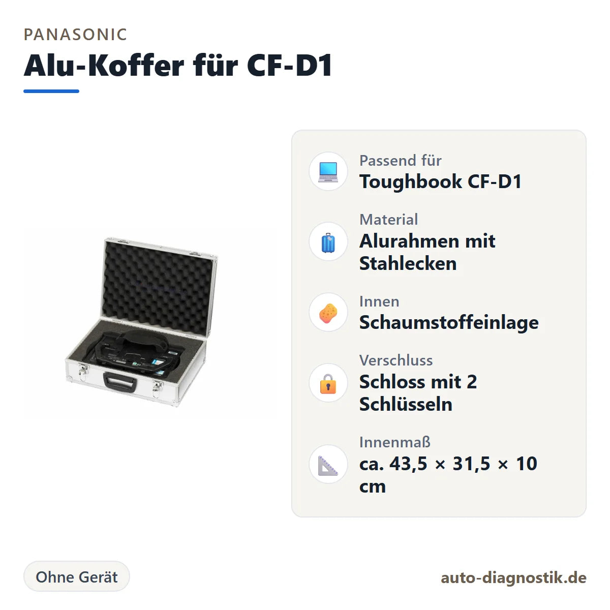 Aluminium-Koffer mit Schaumstoffeinlage für Panasonic CF-D1 mit Übersicht der wichtigsten Eigenschaften