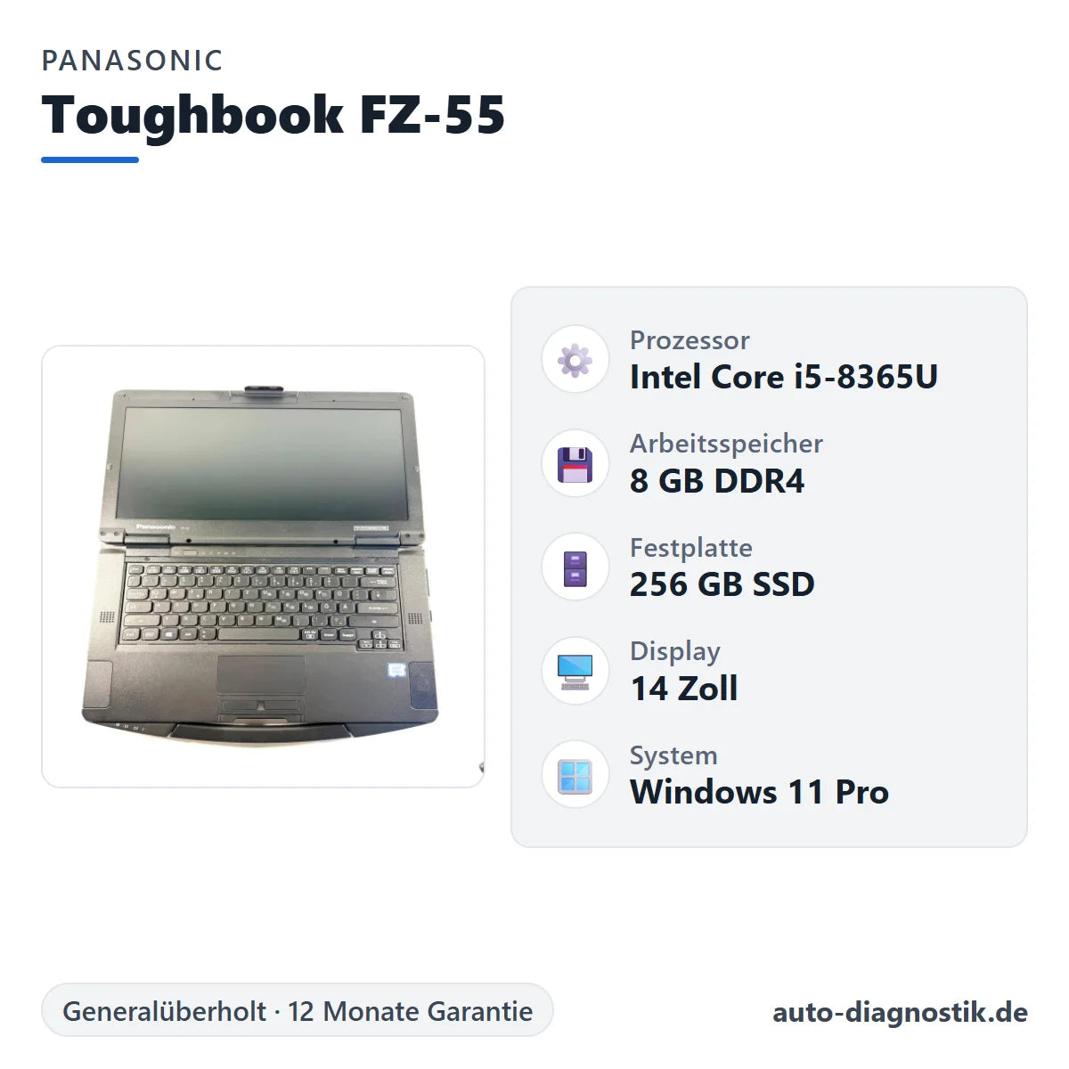 Panasonic Toughbook FZ-55 mit Übersicht der wichtigsten technischen Daten