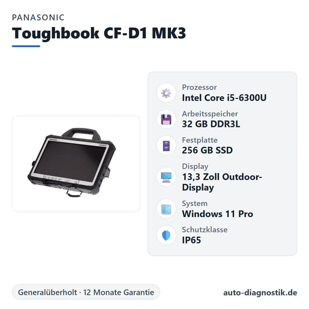 Panasonic Toughbook CF-D1 MK3 mit Übersicht der wichtigsten technischen Daten