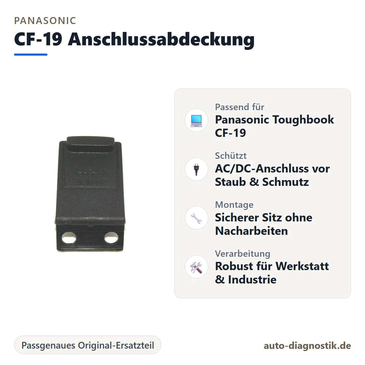 Panasonic Toughbook CF-19 AC/DC-Anschlussabdeckung mit Übersicht der wichtigsten Eigenschaften