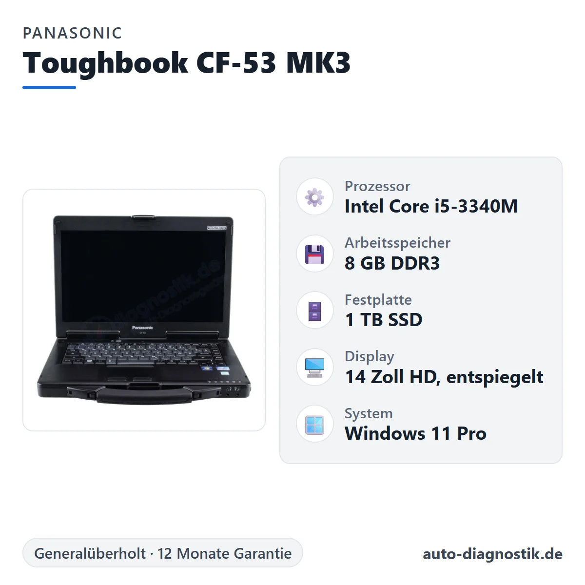 Panasonic Toughbook CF-53 MK3 mit Übersicht der wichtigsten technischen Daten