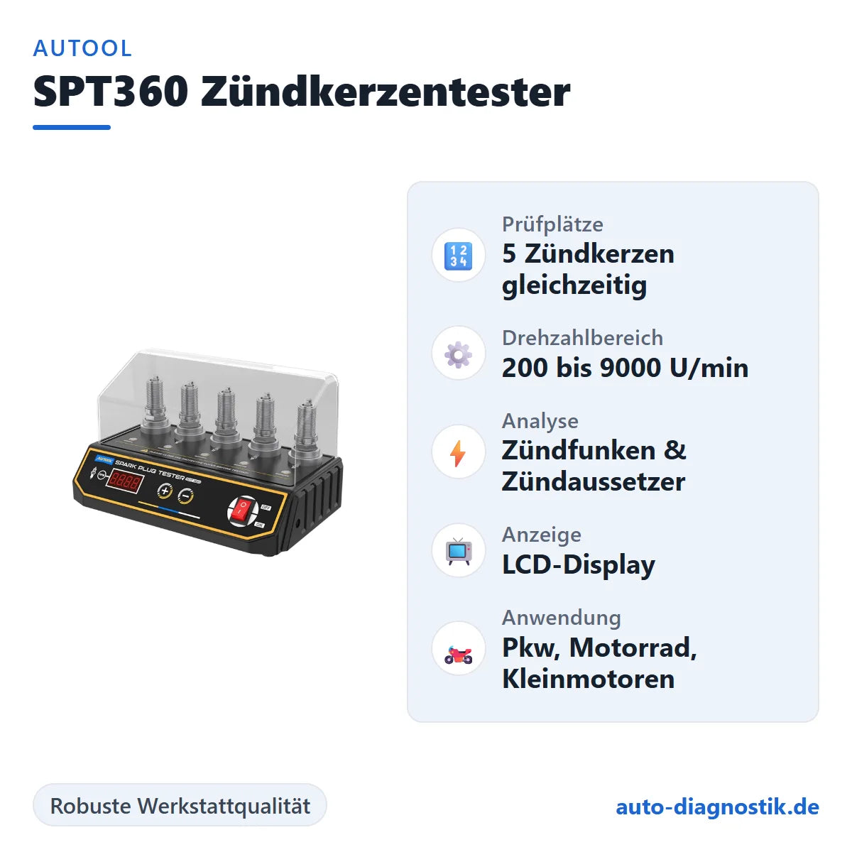 AUTOOL SPT360 Zündkerzentester mit Übersicht der wichtigsten Funktionen