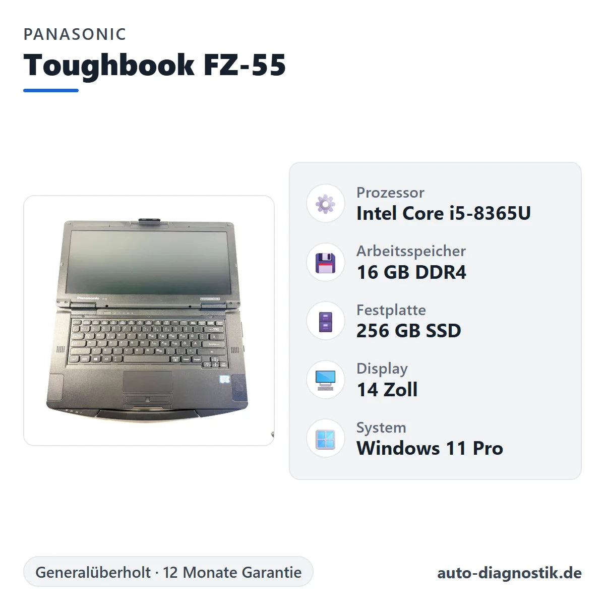 Panasonic Toughbook FZ-55 mit Übersicht der wichtigsten technischen Daten