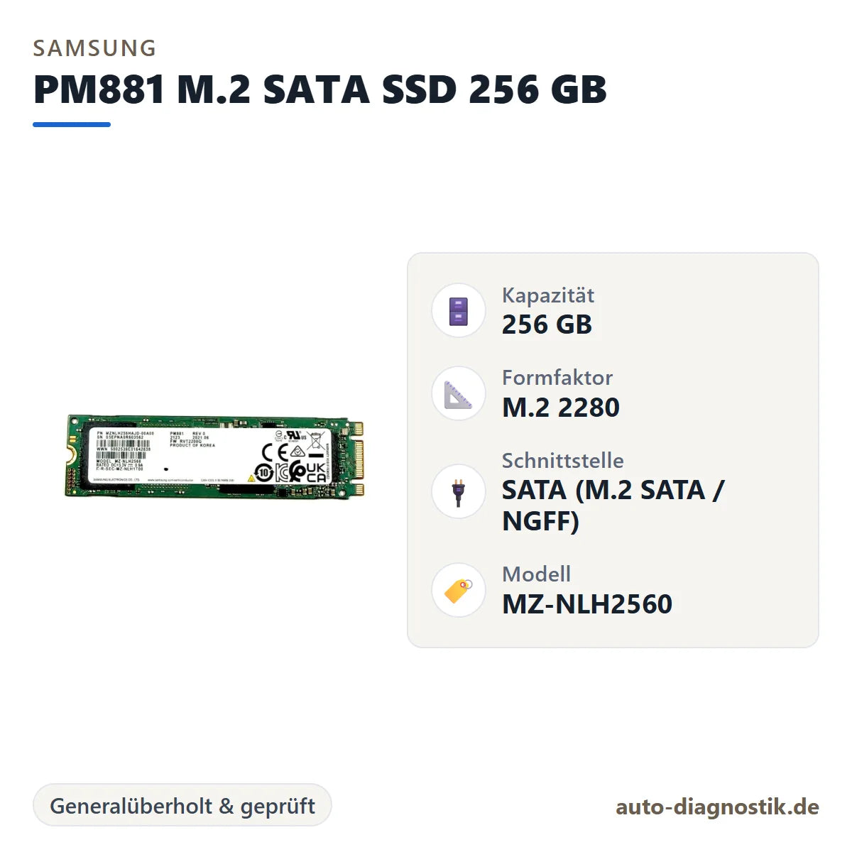 Samsung PM881 M.2 SATA SSD 256 GB mit Übersicht der wichtigsten technischen Daten